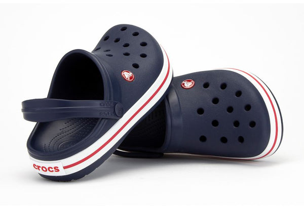 Navy blue outlet and red crocs